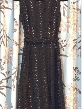 Vintage 50s Black Eyelet Lined Fitted Wiggle Pencil Dress Belt Pinup Rockabilly